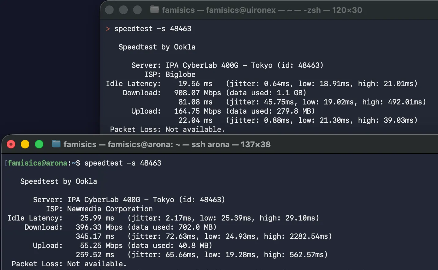 Speedtestの結果、上がメインPC、下がProxmox上のLinux VM